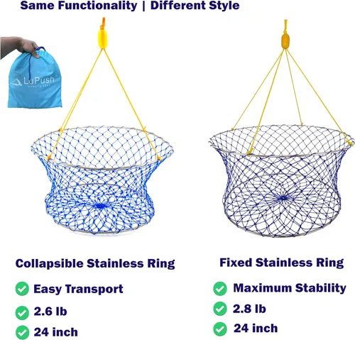 Miniatura 9 de Stainless Collapsible Crab Net with 100ft Rope, Bait Bag, Clip & Ruler – 6 Pieces Portable Crab Trap for Easy Storage – Durable Grid Design for Dock