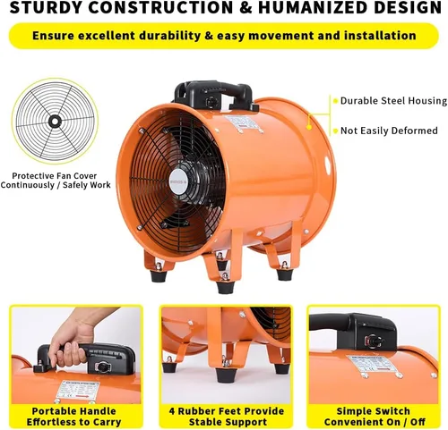 Miniatura 5 de Soplador utilitario de 8 pulgadas, ventilador de alta velocidad con manguera de conducto, ventilador portátil de bajo ruido, extractor de humos