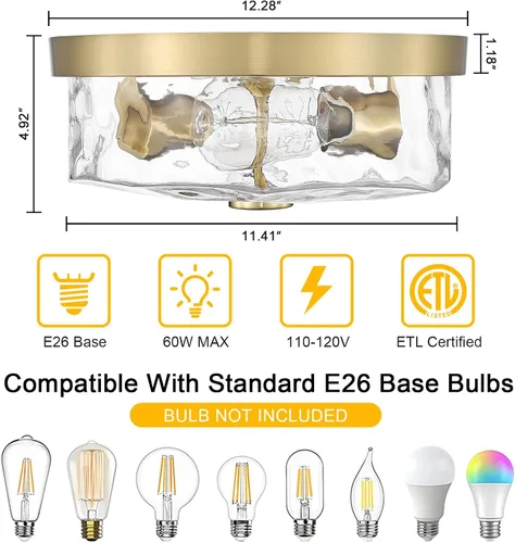 Miniatura 2 de Lámpara de techo empotrada con pantalla de vidrio ondulado de agua, moderna iluminación de techo de 2 luces para cocina, sala de estar, porche