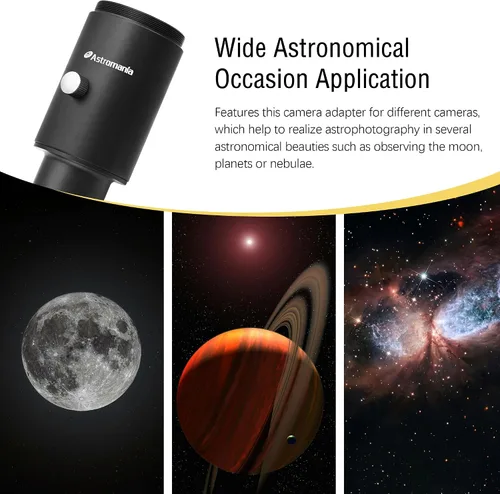 Miniatura 7 de Astromania Adaptador de foto para telescopio, adaptador de cámara fija de 1.25 pulgadas, accesorios de telescopio de metal para enfoque principal