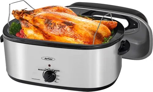 Miniatura 13 de Sunvivi Horno Asador Eléctrico de 26 Cuartos de Galón para Pavo con Tapa, Asadores Eléctricos con Bandeja Extraíble, Asador Grande, Tapa Visible