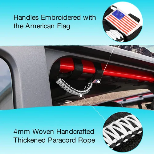 Miniatura 2 de GAIZON Paquete de 4 asas de agarre para barra de rollo con diseño de bandera de EE. UU. de paracord, reemplazo para Jeep Wrangler YJ TJ JK JL, Blanco