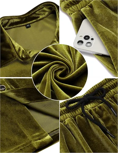 Miniatura 41 de LecGee Conjunto de pantalones cortos casuales de verano para hombre, camisa de terciopelo de manga corta con botones, pantalones cortos de cintura