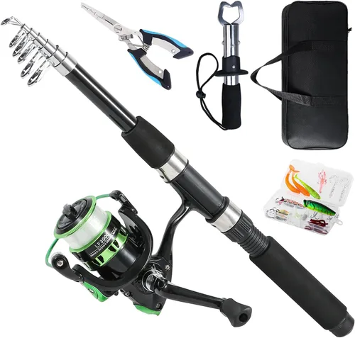 Tripquips Caña de pescar, caña de pescar telescópica de 6.9 pies y carrete combinado con alicates de pesca y agarre de labios equipo de pesca, Combo