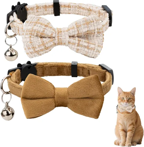 Miniatura 16 de Collar de gato con campana para niño y niña, pajarita de seguridad, a cuadros, color sólido, conjunto de regalo, lindo festivo, [2 piezas], verde