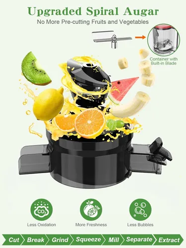 Miniatura 2 de Máquinas exprimidoras, exprimidor de prensa en frío para verduras y frutas enteras, exprimidor de masticación lenta con canal de alimentación ancho