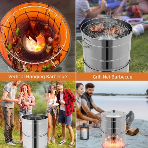Miniatura 8 de Parrilla vertical 2 en 1 para ahumar, barbacoa de carbón portátil de acero inoxidable sin humo de 360°, para barbacoa al aire libre, campamento