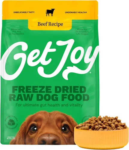 Get Joy Bocadillos liofilizados de carne de res cruda, alta en proteínas sin cereales, mezclador y complemento de comida seca para perros, con