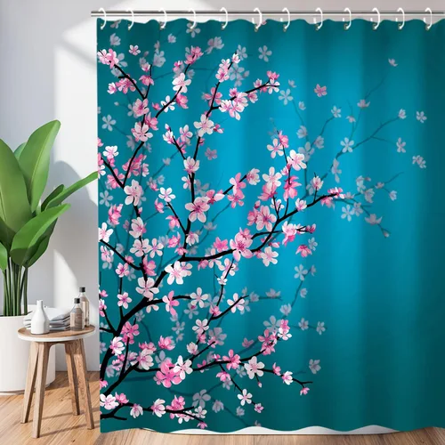 Miniatura 9 de LIVILAN Cortina de ducha con flores rosas y grises, cortinas de ducha florales de acuarela con ganchos, tela blanca y gris, decoración de baño