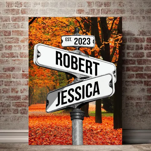 Miniatura 13 de Cartel de calle vintage de lienzo personalizado para parejas, cartel de cruce de caminos con nombre personalizado, el mejor regalo para parejas