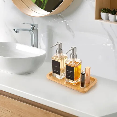 Miniatura 4 de Bandeja de tocador de bambú, bandeja de encimera de baño, organizador rectangular de madera para dispensador de jabón, velas, joyas, perfumes, 9.8 x