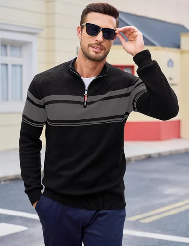 Miniatura 16 de MAGCOMSEN Suéteres de algodón con cremallera de 1/4 para hombre, suéter tipo polo, a rayas, para otoño e invierno, sudaderas cálidas
