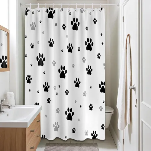 Miniatura 10 de Cortina de ducha con estampado de patas, perro y gato, decoración divertida de baño para niños, tela impermeable con ganchos