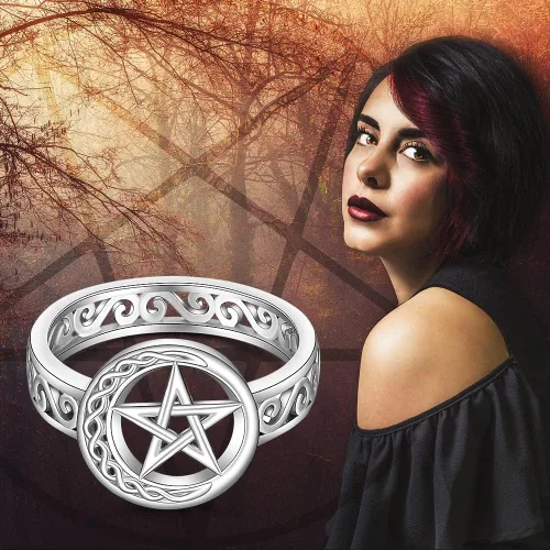 Miniatura 3 de Talonior Anillo de pentagrama con pentáculo para mujer, nudo celta, luna creciente, bruja, wicca, anillos paganos, plata de ley, amuleto, estrella
