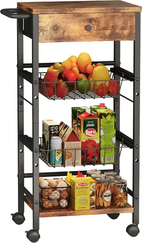 Organizador de cocina y carrito de almacenamiento con cajón de tela y asa práctica, carrito organizador de aperitivos con 2 cestas extraíbles y 2