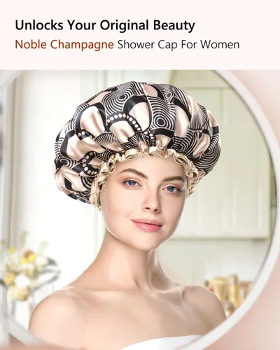 Miniatura 6 de mikimini Gorro de ducha grande para mujer, de pelo largo, champán, con encaje, doble capa, impermeable, reutilizable, lavable, de alta calidad