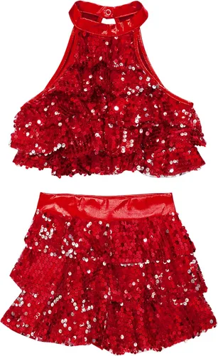 Miniatura 65 de JEATHA Top corto con borlas y lentejuelas brillantes para niñas, con minifalda, jazz latino, salsa, samba, rumba, baile