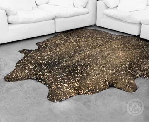 Miniatura 2 de Sunshine Cowhides Alfombra de piel de vaca negra teñida, 100 % color dorado metálico auténtico, alfombra de estilo moderno de piel de animal