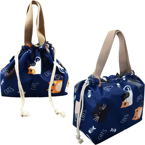 Miniatura 3 de Mini Bolsa Tote de Almuerzo Reutilizable Pequeña Linda con Cordón Adecuada para Niñas Mujeres Gato Azul