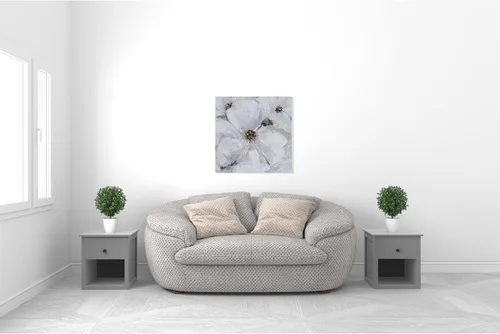 Miniatura 6 de SYGALLERIER Arte abstracto de pared de flores, pintura al óleo floral gris y blanca con adornos de lámina dorada, arte de pared de lienzo hecho a