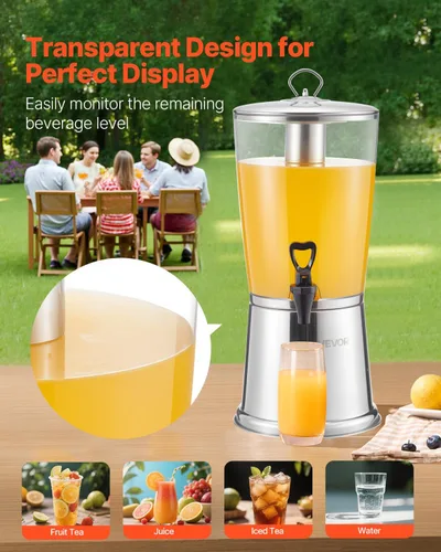 Miniatura 4 de VEVOR Dispensador de bebidas, dispensador de bebidas de 2.1 galones para fiestas, dispensador de jugo de acero inoxidable + plástico con cámara