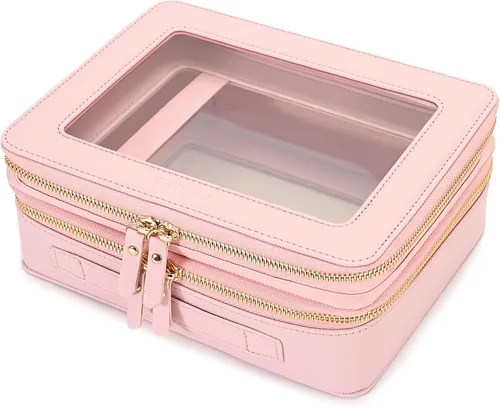 Miniatura 55 de Aveniee Organizador de bolsa de maquillaje transparente, bolsa de aseo de viaje para mujer, bolsa de cosméticos impermeable con cremalleras, Rosa