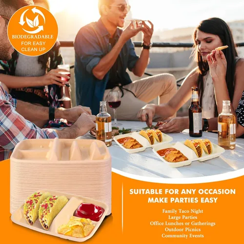 Miniatura 5 de tchrules 25 platos de tacos desechables para 2 tacos y 2 lados, soportes de papel prémium para tacos de martes y bar, suministros de decoración (25)