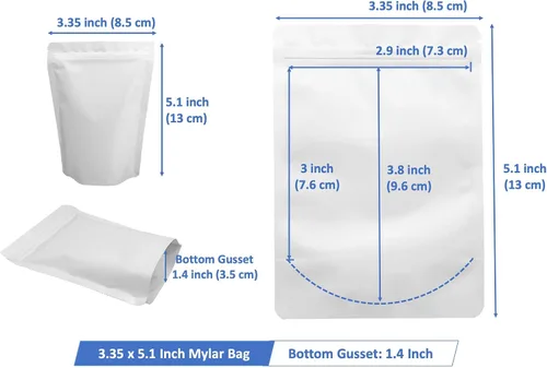Miniatura 3 de Paquete de 100 bolsas de pie de Mylar blanco mate, 3.35 x 5.1 pulgadas, a prueba de olores, bolsa resellable con cremallera, bolsas de muestra