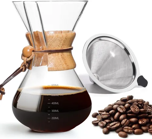 Miniatura 16 de Cafetera de Goteo 14 OZ, 4 Tazas Cafetera de Vidrio de Borosilicato con Filtro de Acero Inoxidable Reutilizable y Empuñadura de Corcho para Café