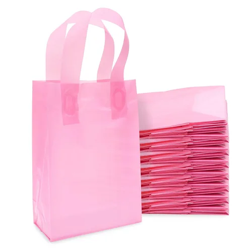 Miniatura 7 de Prime Line Packaging Bolsas de regalo rosadas, bolsas de regalo de plástico esmerilado con asas para pequeñas empresas, golosinas, compras