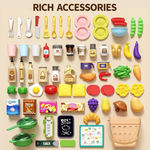 Miniatura 7 de Juego de cocina para niños de 33.8 pulgadas - 70 piezas con sonido y luz - Estufa de cocina con vapor, fregadero de juego y accesorios de cocina