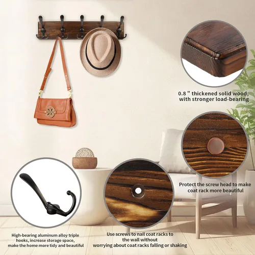 Miniatura 5 de Perchero de pared rústico para sombreros de 16.8 pulgadas con 5 ganchos triples para colgar abrigos, bolsos, toallas