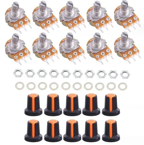 Miniatura 4 de California JOS 10PCS WH148 Potenciómetro de una sola articulación resistencias variables 0.591 in eje 3Pins potenciómetro Kit (10K con perilla verde)