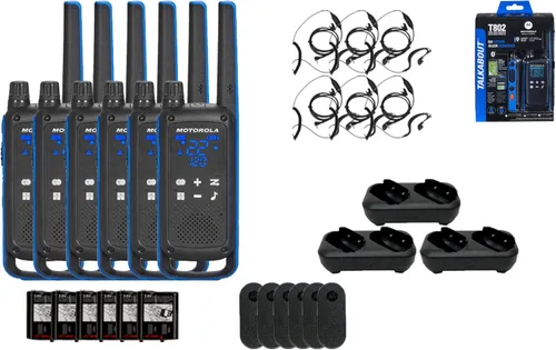Motorola Solutions, Talkabout T802, radio bidireccional portátil FRS, paquete de 6 walkie talkies, azul/negro, 22 canales, 3 puertos de carga dual,