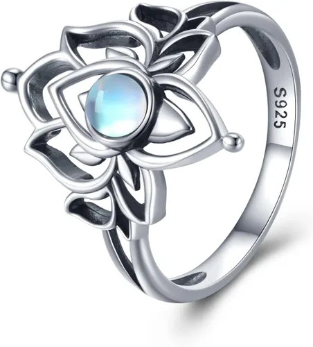 Anillo de loto de piedra lunar para mujer, plata de ley 925, anillo de flor de loto, joyería espiritual vintage de loto para mujer, regalos de loto