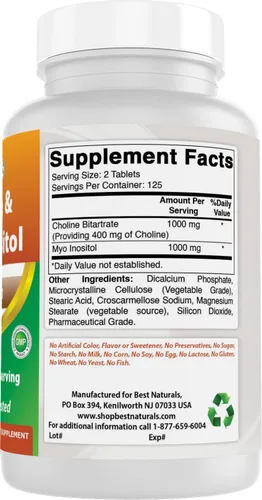 Miniatura 6 de Best Naturals Colina inositol (Myo Inositol) 2000 mg por porción 250 comprimidos - Sin OMG, sin gluten, fabricado en los Estados Unidos