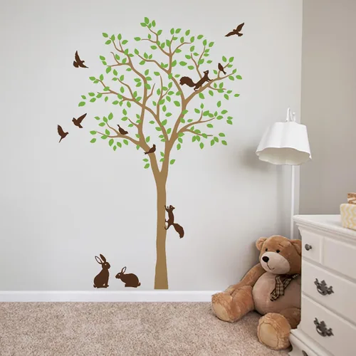 Miniatura 11 de Adhesivo decorativo de pared de árbol grande con pájaros, ardillas y conejos, conejos, decoración de guardería 095 (todo blanco)