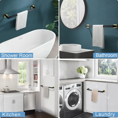 Miniatura 7 de TQKAG Toallero individual negro y dorado de 23.6 pulgadas, toallero de baño de acero inoxidable montado en la pared, colgador de toallas de baño.