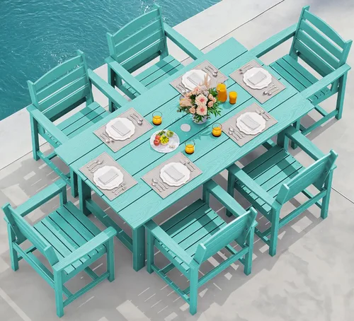 Miniatura 16 de SERWALL Juego de Mesa de Comedor de HDPE para Exteriores, Juego de 7 Piezas de Mesa de Comedor al Aire Libre con Mesa con Corte para Agujero de Gris