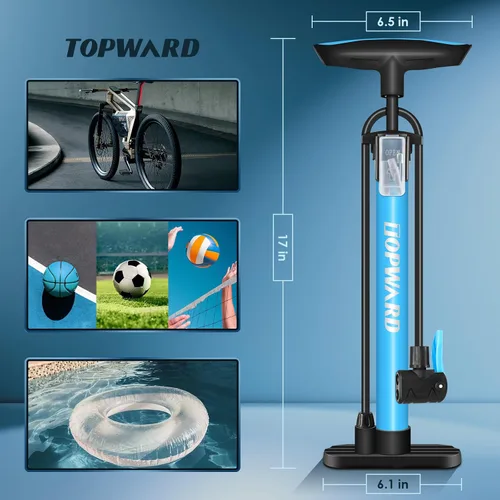 Miniatura 8 de Topward Bomba de neumáticos de bicicleta portátil, bomba de aire de mano para pelotas de ejercicio de bicicleta, inflables, se adapta a válvulas