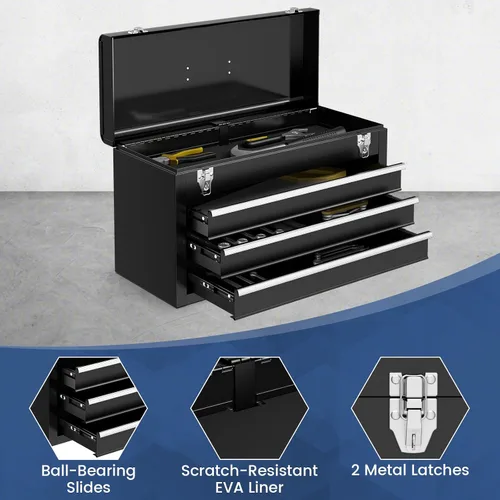 Miniatura 3 de Caja de herramientas de metal, caja de herramientas de 3 cajones con asa de transporte, 2 pestillos y forro, caja de almacenamiento portátil