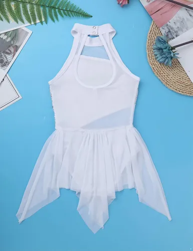 Miniatura 32 de YiZYiF Vestido de baile de lentejuelas para niños y niñas, leotardo de ballet, cuello alto, vestido lírico, traje de rendimiento irregular