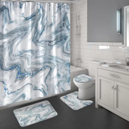Miniatura 9 de MitoVilla Juego de baño de mármol con cortina de ducha y alfombras y accesorios, abstracto gris dorado blanco, moderno, gris juego de decoración