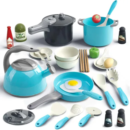 Miniatura 18 de Bruvoalon Juego de 32 juguetes de cocina para niños, accesorios de cocina con ollas, sartenes, utensilios de cocina, alimentos, verduras enlatadas