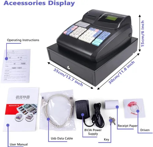 Miniatura 7 de Caja registradora electrónica con 6 pantallas LED digitales para pequeñas empresas, minoristas, supermercados, cajas registradoras con cajón y Negro