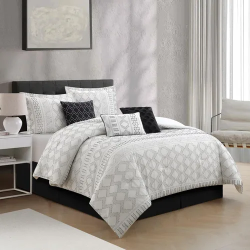 Miniatura 2 de Grand Avenue Juego de edredón de 7 piezas, color blanco y negro, juego de ropa de cama con clip, juego de cama geométrico para todas las estaciones