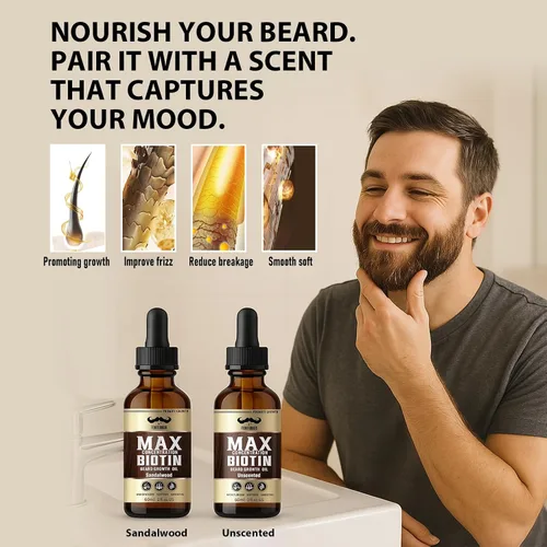 Miniatura 7 de Biotin - Juego de 2 aceites para barba sin perfume y sándalo mezclado con aceite de ricino y semillas de uva para una barba más gruesa, suave e