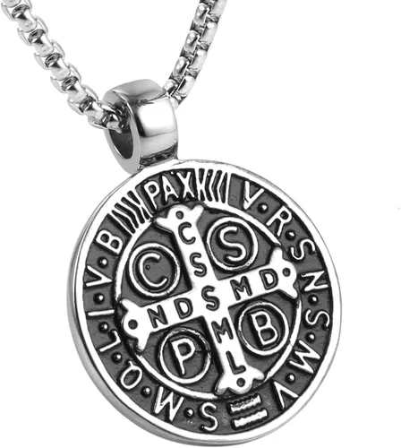 AsAlways Collar con colgante de exorcismo de San Benito para hombre de acero inoxidable con cruz católica romana protección de demonios cazador de