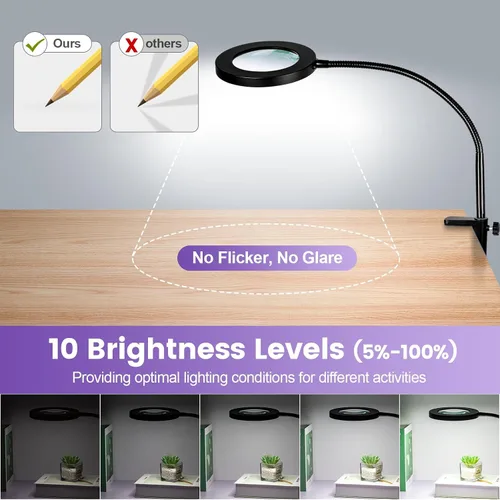 Miniatura 5 de Lámpara de lupa de 12 aumentos con luz y soporte, lámpara de pie LED de aumento de NUEYiO con atenuación sin escalones de 3 colores, lámpara de lupa