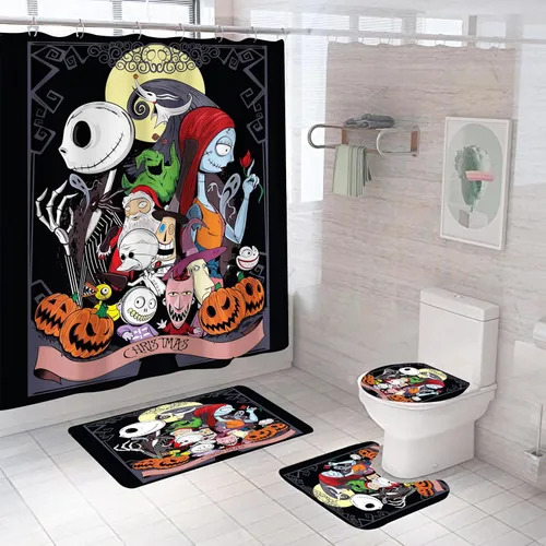 Miniatura 15 de Juego de 4 cortinas de ducha de Navidad para niños, decoración de Halloween y Navidad con 12 ganchos de cortina para baño, impermeable, 71 x 71